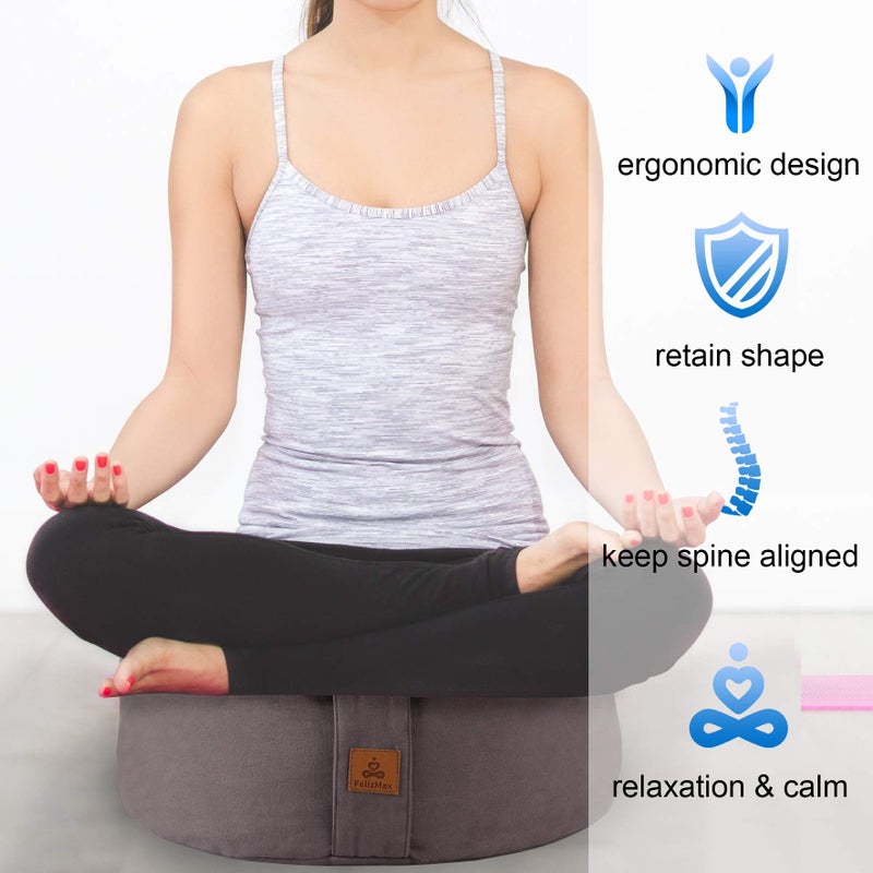 FelizMax Zafu Buckwheat Meditation Cushion,D=33cm/41cm H=14cm,Round Zabuton Meditation Pillow,Yoga Bolster Kneeling Pillow Premium Yoga Pillow Sitting on Floor Zippered Cotton Cover-41cm, Dark Grey - Image 2